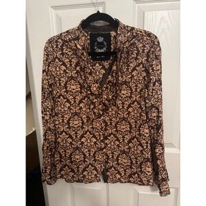 Cino | Damask Print Ruffle Neck Button‎ Up Shirt Women's XL